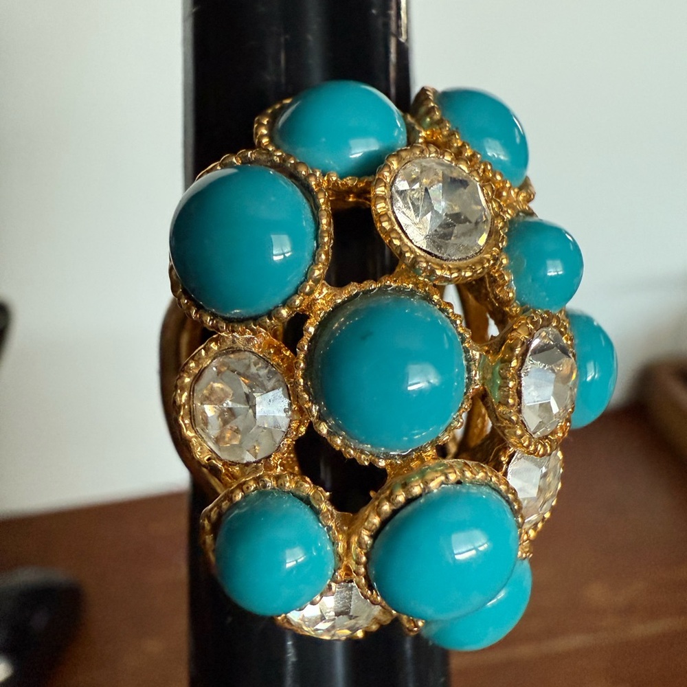 Gold tone and turquoise color costume ring - Picture 8 of 14